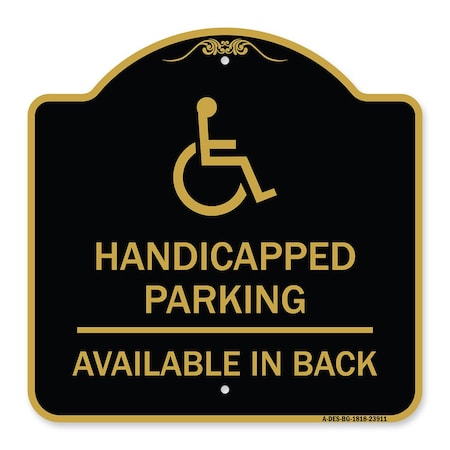 Handicapped Parking Available In Back With Graphic, Black & Gold Aluminum Architectural Sign